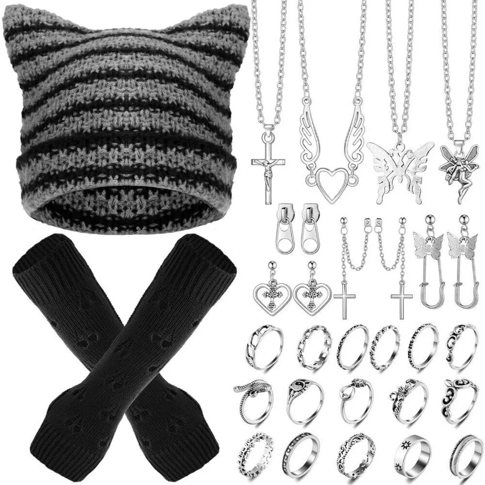 Y2K Grunge Knit Cat Beanie Ripped Gloves Jewelry Set for Women Men Black